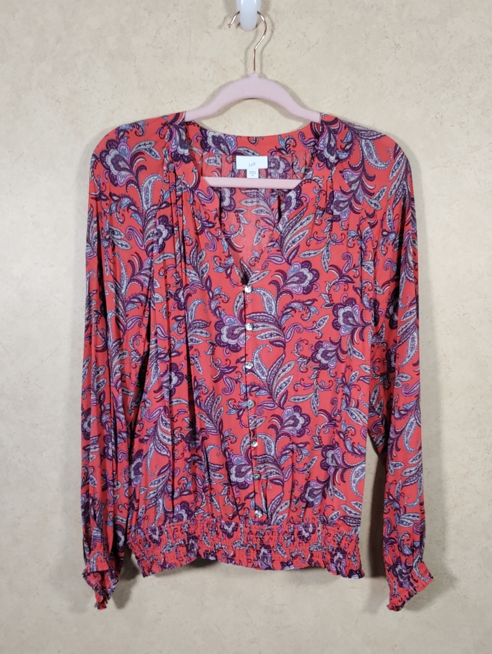 J140 J. Jill Red & Purple Paisley V-Neck Blouse M